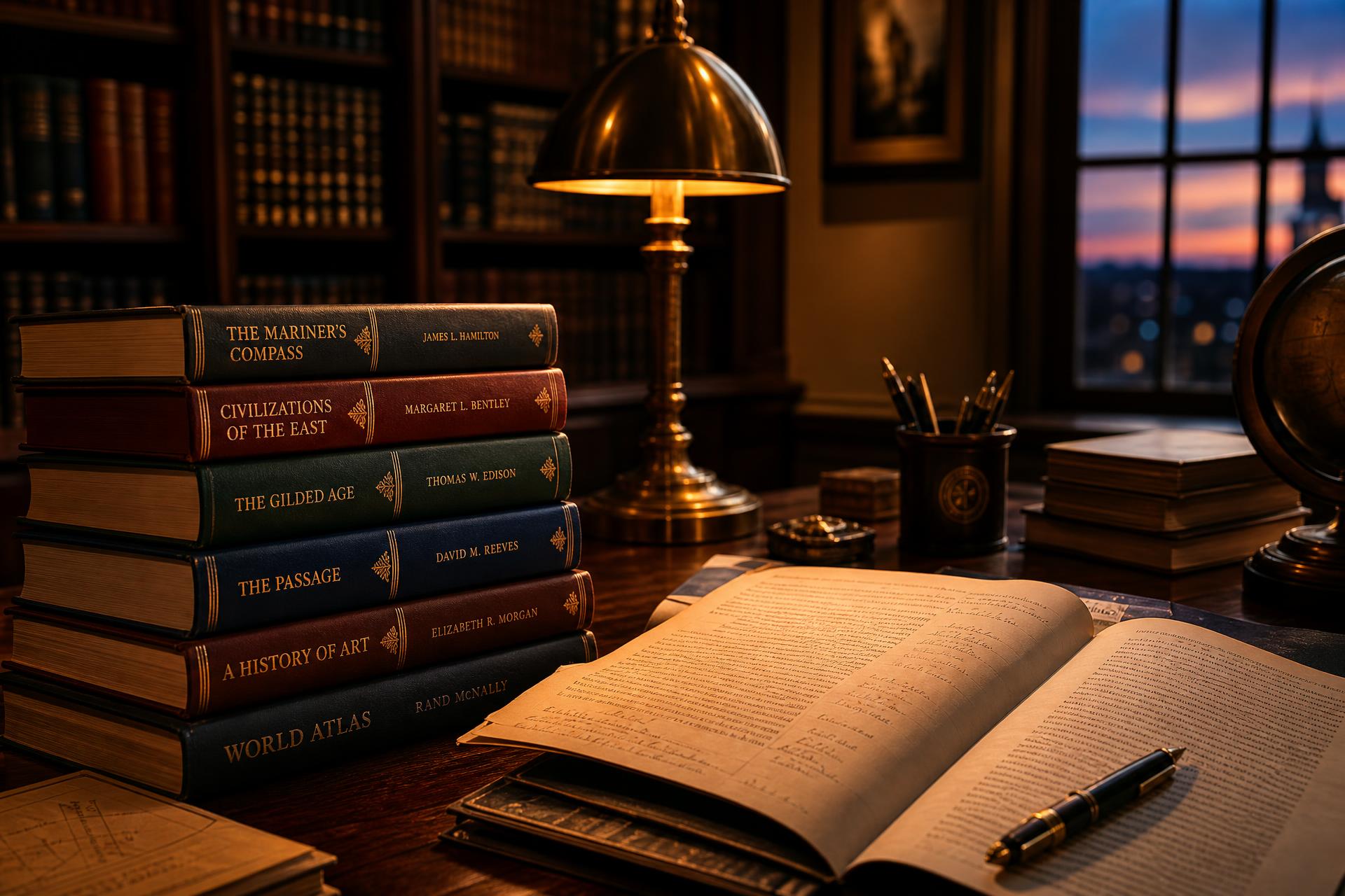 A stack of hardback books beside an open manuscript, quill and inkpot